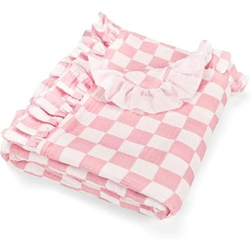 DILIMI Muslin Baby Blanket, Ruffle Crib Blanket for Girls and Boys, Soft Breathable Nursery Swaddle Blanket for Newborns, Toddlers, 36 x 40 in, Pink Gingham