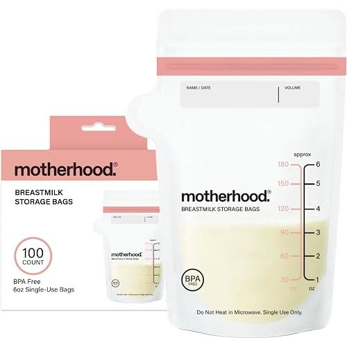 Motherhood Maternity Breastmilk Storage Bags, 6 oz, 100 Count – Leak Proof Breast Milk Freezer Storage Bags, Pre-Sterilized & BPA Free, Self-Standing & Flat Lay
