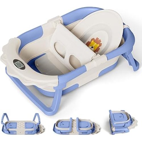 MoreFeel Foldable Baby Bathtub with Thermometer - 4-in-1 Grow-with-Me Collapsible Infant Tub (Newborn to Toddler) with Adjustable Mesh Sling - Space Saving Design