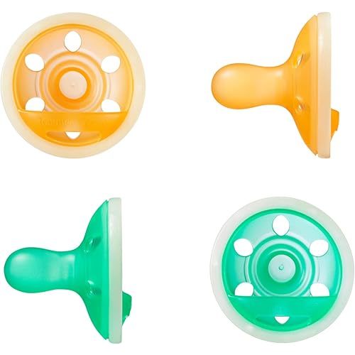 Tommee Tippee Breast-Like Night Pacifier, 6-18 Months, Breast-Like Baglet, BPA-Free Binkies, Glow in The Dark Technology, Yellow/Green, Pack of 4