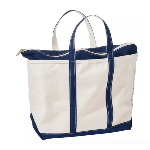 LL Bean Zip-up Boat Tote. Size Large. Color: Navy. Long Handles. Monogram: Peacock in Navy in the font "thin script."