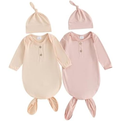 Newborn Knotted Gown 2 Pack Plain Sleeper for Baby Boy Girl Coming Home Outfit