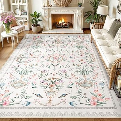 Collive 8x10 Area Rug for Living Room, Boho Beige Classical Floral Washable Rug Non Slip, Soft Ultra-Thin Indoor Decor Elegant Carpet for Girls Bedroom Kids Room Dining Room Playroom