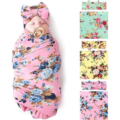 BQUBO Newborn Floral Receiving Blankets 3 Sets Newborn Baby Swaddling with Bow Headbands Sleepsack Toddler Warm Shower Gift