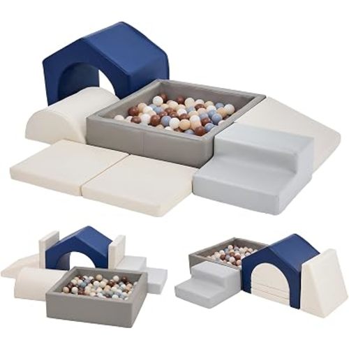 JungleDove Soft Foam Climbing Blocks for Toddlers – 7-Piece Ball Pit with Navy Blue Leather, Indoor Soft Play Gym, Montessori Activity Toys for Kids (82.7"×26.8"×18.5")