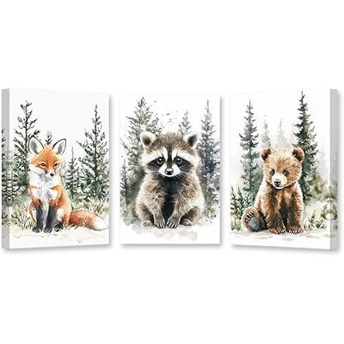 CXHOSTENT Woodland Animal Nursery Wall Art Forest Animal Wall Decor 3 Pieces Fox Raccoon Bear Pictures Adventure Canvas Kids Room Decor Framed (11x14inchx3Pcs)