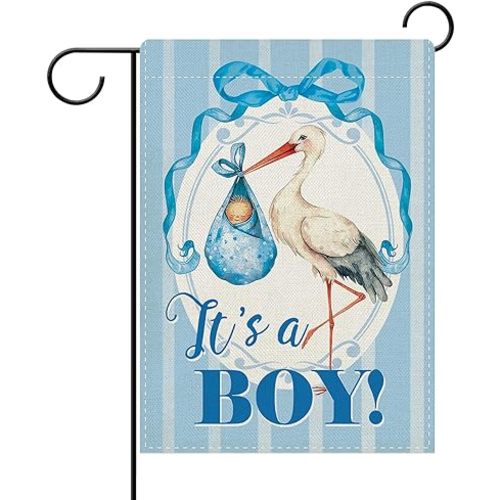 Dyrenson It's a Boy Gender Reveal Decorative Garden Flag, Newborn Stork Blue Bow Yard Outside Home Decoration for New Dad Mom, Baby Shower Baptism Party Gift Outdoor Small Decor Double Sided 12 x 18