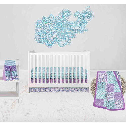 Bacati - Paisley Isabella 4-Piece Crib Bedding Set with Diaper Stacker - Lilac/Purple/Aqua Girls