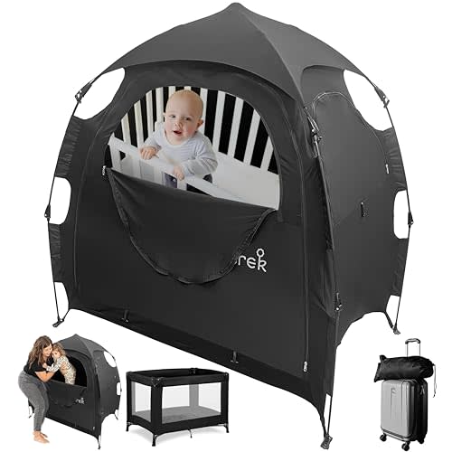 Blackout Baby Crib Tent - Sleep Pod for Travel Pack & Play, Light-Blocking Milk Silk Canopy with Toy Pockets, Pack N Play Kids Waterproof Black Out Cover Mosquito Net Tent