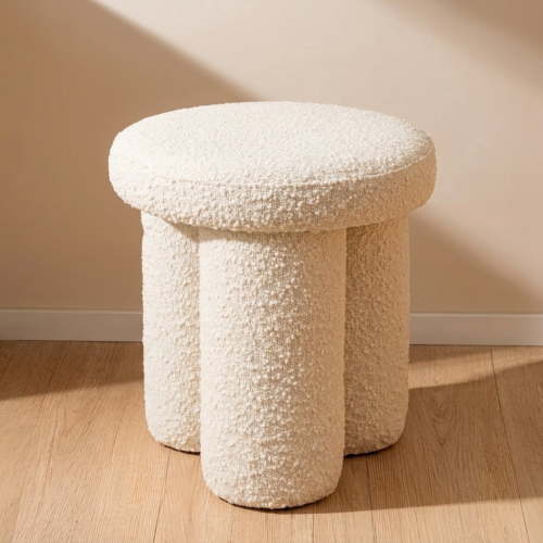 Mordern Boucle Footstool , Upholstered Ottoman & Side Table, White