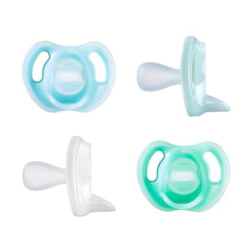 Tommee Tippee Ultra-Light Silicone Pacifier, 0-6 Months, Symmetrical One-Piece Design, BPA-Free Silicone Binkies, Blue/Green/Clear, Pack of 4