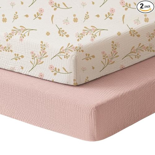Konssy Muslin Mini Crib Sheets, 100% Soft Cotton Pack and Play Sheets for Pack N Play Mattress, Playard Baby Crib Sheets for Baby Girls (Floral, Pink)