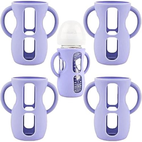 4-Pack Silicone Sleeves with Handles for Avent Glass Bottles, 8 OZ, Purple