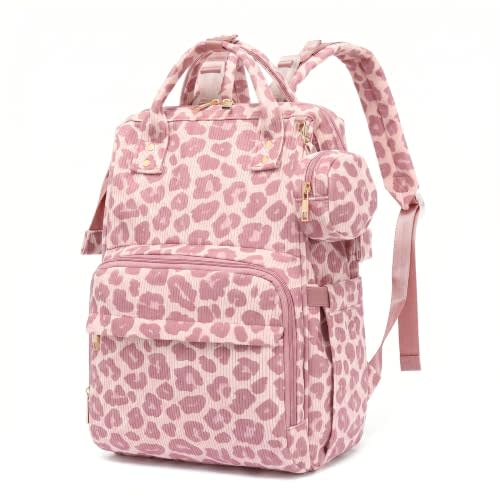 Baby Diaper Bag Backpacks for Mom Dad, Corduroy Large Capacity Multifunction Nappy Bag with Pacifier Case, Baby Travel Essentials Diaper Backpack for Boys Girls - Leopard Purple
