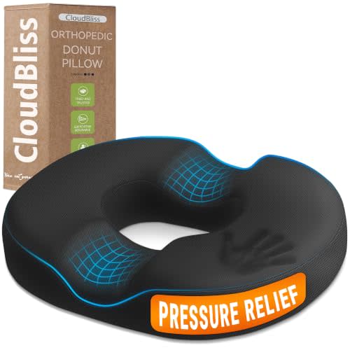 CloudBliss Donut Pillow Stadium Seat Cushion for Tailbone Pain Relief and Hemorrhoids, Memory Foam Seat Chair Cushion, Portable Seat Cushions for Bleachers, Car, Home & Office