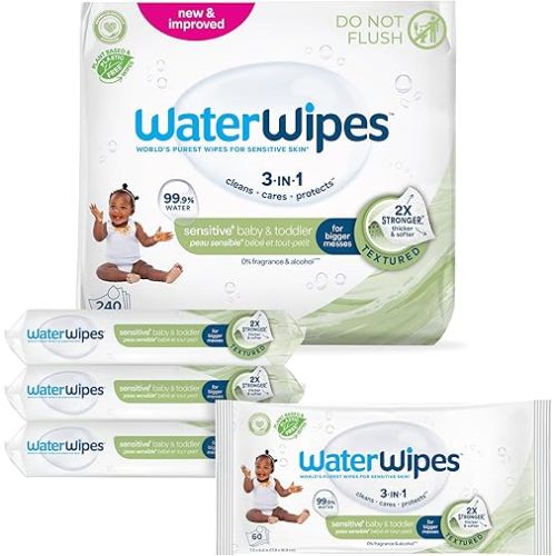 WaterWipes Sensitive+ Baby & Toddler Wipes, 3-In-1 Cleans, Cares, Protects, 99.9% Water, Textured Clean, Unscented & Hypoallergenic, 240 Count (4 Packs)