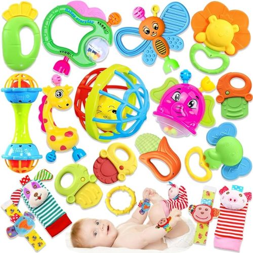 Baby Rattles Toys for 0-6 Months - 18 PCS Infant Toys 0-3 Month Old Baby Boy Girl Gifts Set with Teething and Wrist Socks Rattle Infant Newborn Sensory Toy - 18pcs
