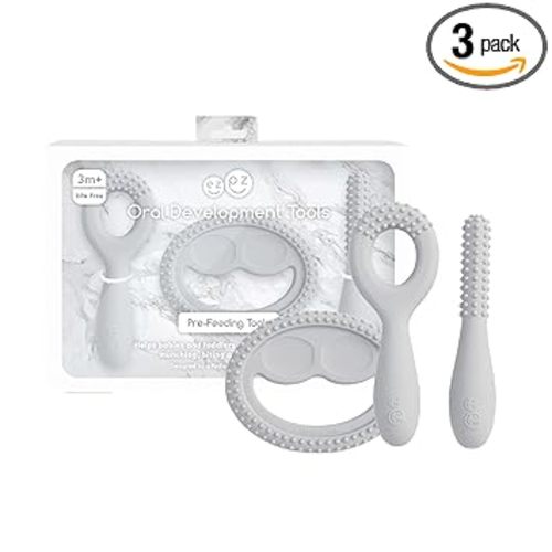ezpz Oral Development Tools (3 Pack in Pewter) - 3 Months+ - Non-Slip Loop, Smile and Stick 100% Silicone Tools - Prepare for Chewing + Solids - Baby-Led Weaning Supplies