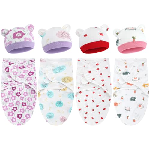 Buryeah 4 Pack Preemie Swaddle Blanket Wrap Set with Hat for Baby Boys Girls 3-7 Lbs Preemie Newborn Clothes Sleepers Cap