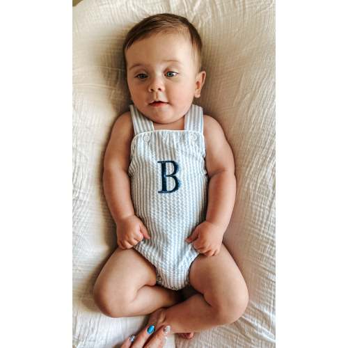 Custom Embroidered Blue Striped Seersucker Sunsuit