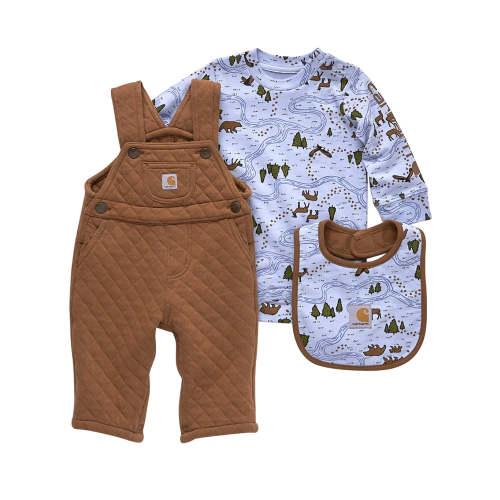 Carhartt Long Sleeve Bodysuit, Quilted Fleece Overall and Food Bib Set 12 Months in Brown