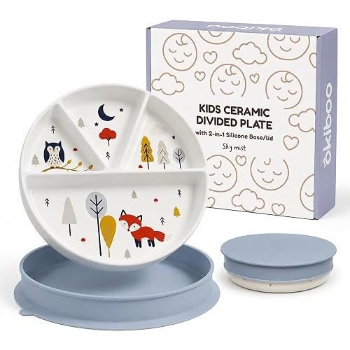 Ceramic Divided Toddler Plate with Lid, Non-Toxic, 8" Non-Slip Base