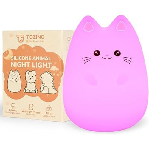 Night Light for Kids, LED Cat Squishy Animal Lamp for Baby, Soft Silicone Dimmable Bedside Touch Light with Timer, Battery Rechargeable Nightlight Girls Gifts Cute Room Decor