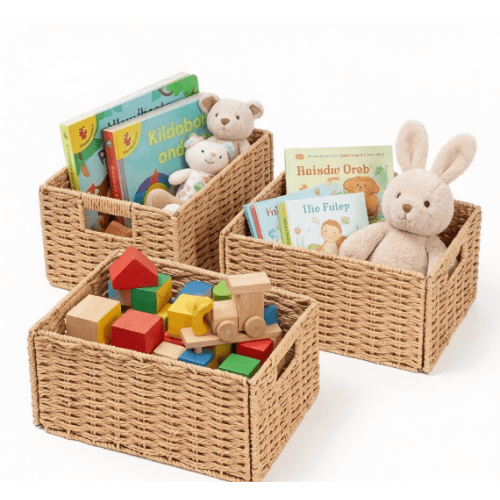 Set of 3 Foldable Wicker Storage Baskets with Handles, Natural Organizer Bins for Shelves