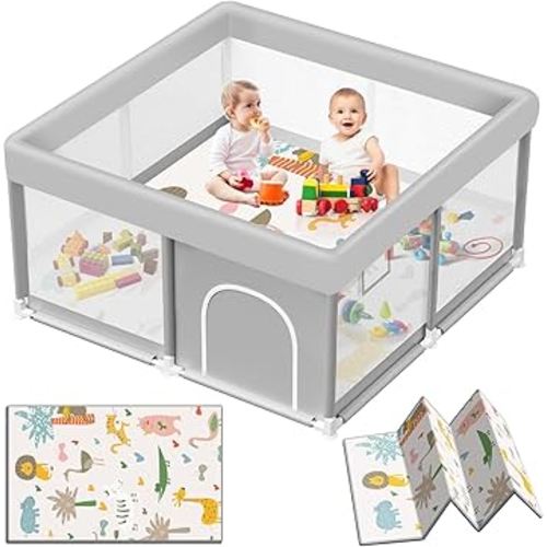 Baby Playpen with Mat, 50x50 inch Playpen for Babies and Toddlers with Mat, Baby Playard Safety Fence Active Center for Indoor