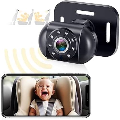 Wireless Baby Car Camera for Backseat: Battery Powered Easy Setup Video Record - HD 1080P Cordless Infant Carseat Camera for iPhone Only - Clear Night Vision Rear Facing Camera for 2 Kids - V12
