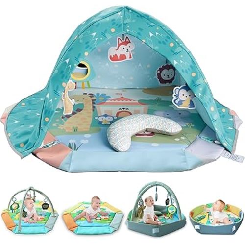 Baby Play Gym & Tummy Time Mat, 8-in-1 Activity Gym with Tent, Stage-Based Detachable Machine Washable Play Mat for Newborn to Toddler, 5 Sensory Toys for Visual, Auditory, Tactile & Cognitive