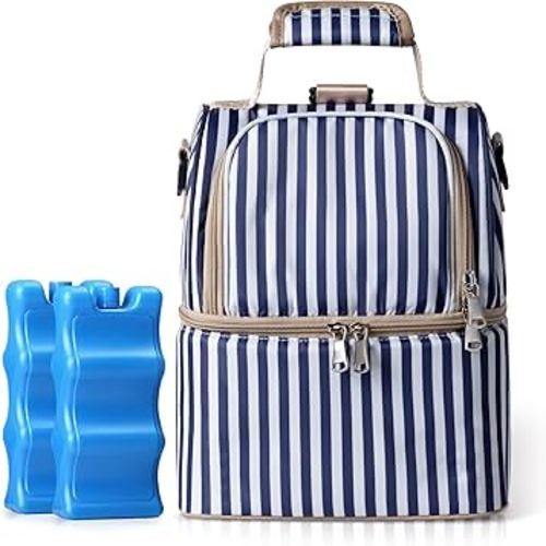 NCVI Breastmilk Cooler Bag with 2 Ice Pack, Breast Pump Bag with Cooler Fits 6 Bottles, Double Layer Breast Milk Baby Bottle Cooler Bag, for Travel, Nursing Mom Daycare, Work, Picnic (Stripe)