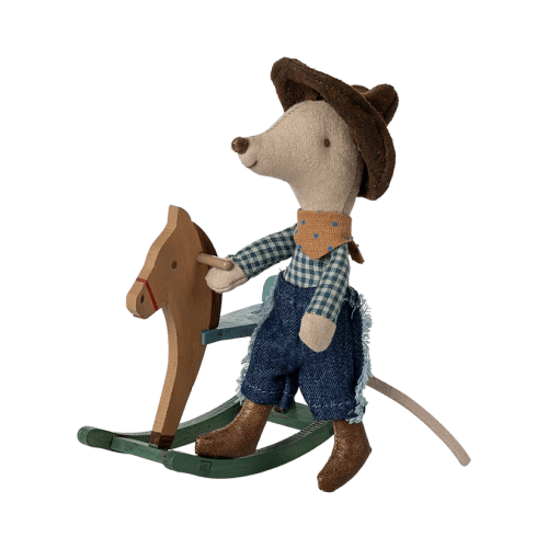 Maileg cowboy mouse on rocking horse, little brother