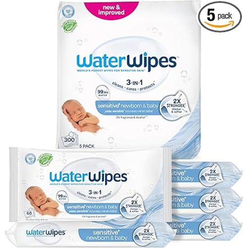 WaterWipes Sensitive+ Newborn & Baby Wipes, 3-In-1 Cleans, Cares, Protects, 99.9% Water, Unscented & Hypoallergenic, 300 Count (5 Packs)