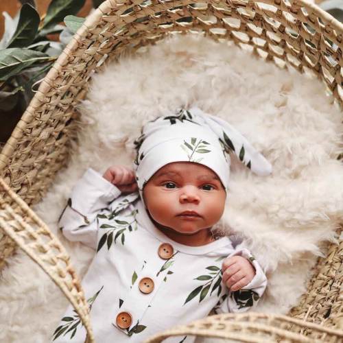 Olive Leaf Newborn Baby Knot Gown & Hat Set