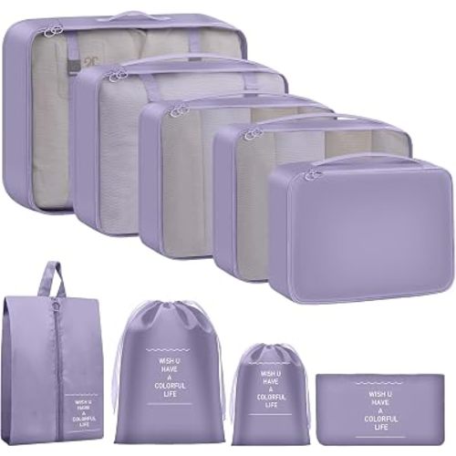 9 Set Packing Cubes for Travel Essentials - Lightweight Carry-On Luggage Organizer Bags with Shoe, Clothes & Laundry Bags for Airplane, Family & Business Travel, Purple