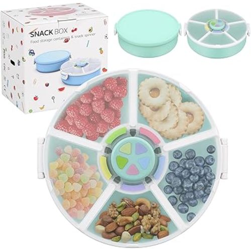Snack Rotator Container Reusable Snack Box with 5 Compartment Dispenser and Lid, Color Matching Opening Lid, BPA and PVC Free, for Home, School, Travel (2 Pack- Green)