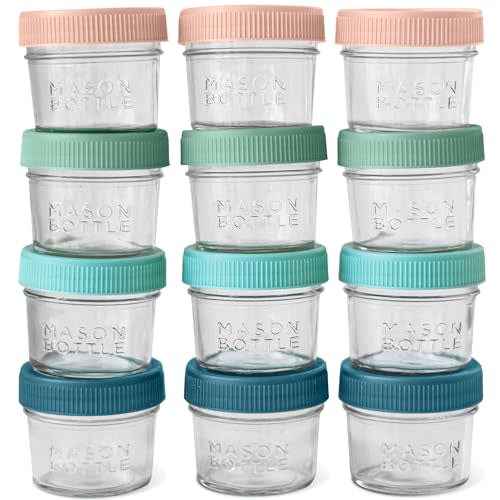 Mason Bottle 4oz Breast Milk Storage Jars (12-Pack) – Reusable Glass Baby Food Containers with Lid for Baby Formula & Breastmilk – Airtight, Stackable, Freezable (Deep Ocean)