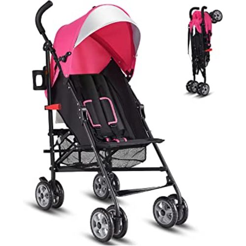 HONEY JOY Baby Lightweight Stroller, Compact Travel Stroller for Airplane, Adjustable Backrest & Canopy, 5-Point Harness, Cup Holder, Storage Basket, Foldable Umbrella Stroller for Toddlers (Pink)