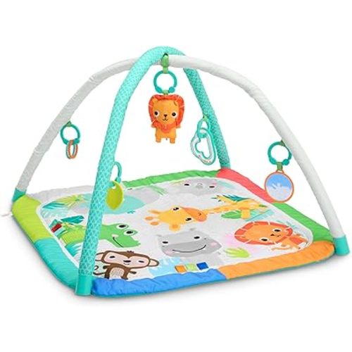 Bright Starts Wild Wiggles Jungle Jubilee Foldaway Activity Gym for Ages Newborn & Up, Unisex Safari Theme with Space Saving Design, 5 Toys Included