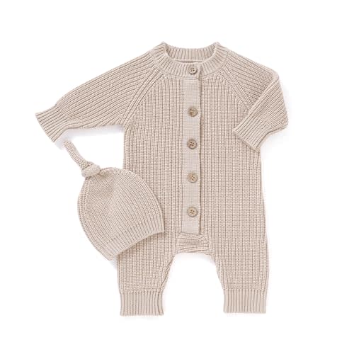mimixiong Cotton Baby Romper Newborn Baby Knitted Clothes | Longsleeve Sweater Outfit for Boy and Girls with Warm Hat Set