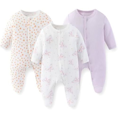 JELYLOVE 3 Pack Long Sleeve Baby Footed Rompers 0-12 Months