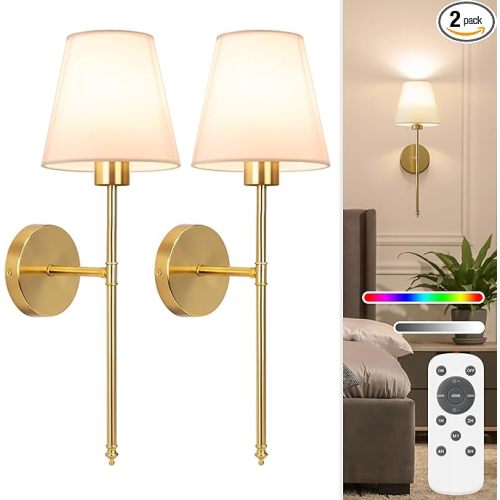 19.9 inch Battery Operated Wall Sconce Set of 2,Gold Rechargeable Wall Lights with 10400mAh Dimmable Detachable Bulbs and Remote,10 Colors Wireless Sconces for Bedroom Living Room Hallway