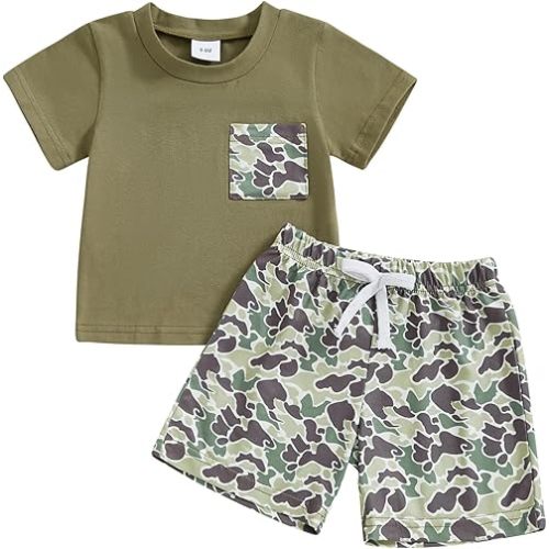 Toddler Baby Boy Summer Clothes Retro Embroidery Duck Hunting Shirts T-Shirt + Elastic Camouflage Shorts Set