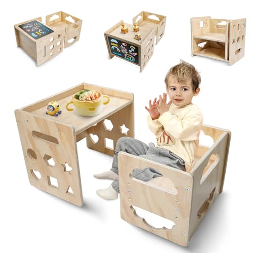 Montessori Weaning Table and Chair Set, Wooden Toddler Table and Chair Set, 1-3 Age Kids Table and Chairs with Blackboard & 3 Heights Adjustable for Eating & Drawing & Reading