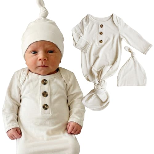 Caden Lane Newborn Knotted Gown with Hat, Soft Bamboo Viscose Baby Sack, Unisex Infant Breathable Night gown