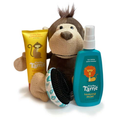T is for Tame 4-in-1 Baby Hair Gift Set with Detangling Spray, Taming Cream, Brush, and Plush Monkey