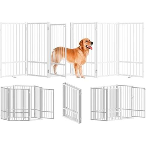 Full Metal Freestanding Dog Gate with Door, 32''Height Foldable Pet Dog Fence for Indoor & Outdoor, 6 Panels Extra Wide Free Standing Tall Dog Gates for Doorways,House,Stairs,Porch,Deck,Yard