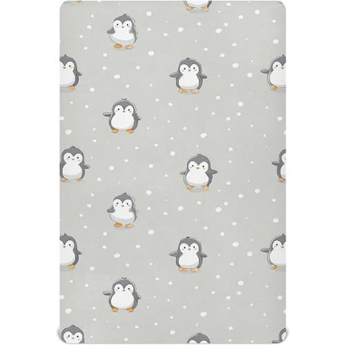 Pfrewn Crib Sheets for Boys Girls Cute Cartoon Penguin Fitted Crib Sheet for Mini Crib Mattress Stretch Soft Toddler Baby Playard Sheet, 39x27x5IN
