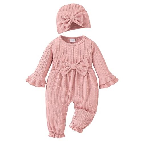 Mioglrie Newborn Baby Girl Clothes Long Sleeve Romper Infant Fall Winter Outfits Floral Hat Jumpsuit Preemie Girl Clothes